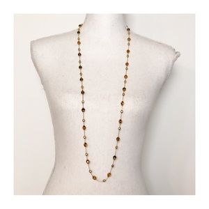 ANN KLEIN Gold Tone Long Chain Necklace with Gold Tone Beads & Amber Tone Jewels